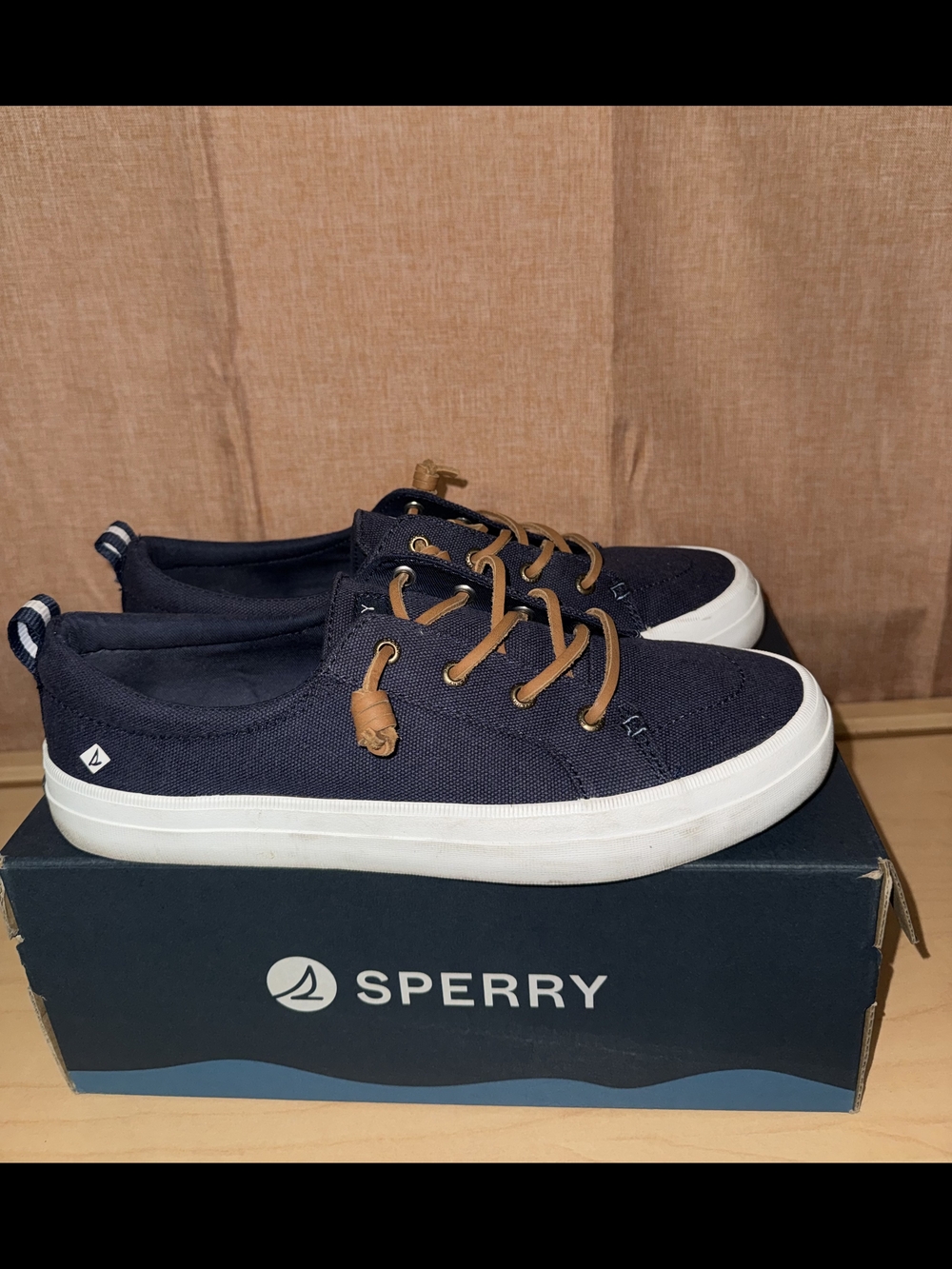 Sperry Navy Canvas Boat Shoes with Tan Leather Laces